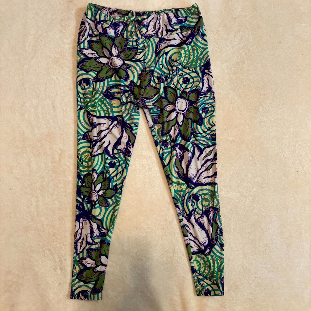 LuLaRoe Women's Leggings Floral Abstract Green Blue Multi One Size OS